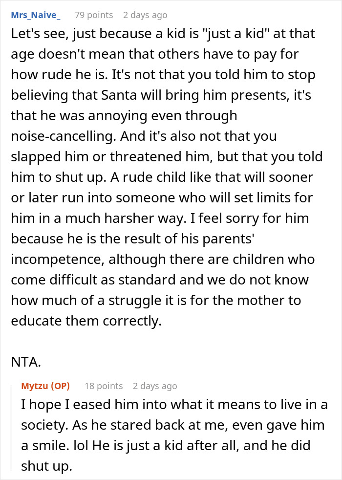 Online discussion about man telling disruptive kid on plane to shut up, upsetting the mom, with varied opinions on trauma and behavior.