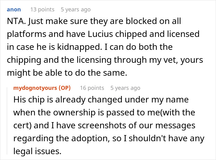 Screenshot of an online discussion about a woman adopting a dog and dealing with harassment from previous owners.