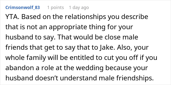 Alt text: Screenshot of a Reddit comment discussing family and male friendships after a man mocks his brother-in-law and uninvites him from a wedding.