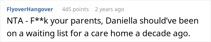 Screenshot of an online comment accusing family members of ableism for refusing to care for disabled sister when parents can’t. Screenshot of an online comment accusing family members of ableism for refusing to care for disabled sister when parents can’t.