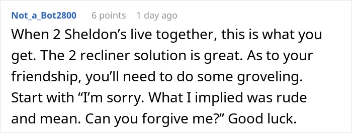 Red couch in a living room with two recliners, illustrating a dispute over roommate&rsquo;s couch payment share.
