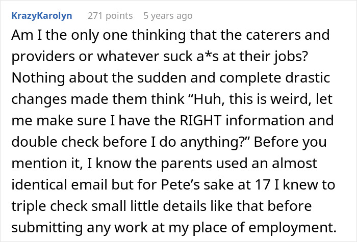 Comment discussing the frustration over caterers and providers failing to verify correct information about wedding sabotage by parents.