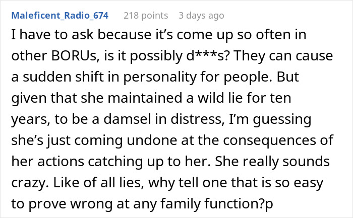 Screenshot of an online comment discussing a sister who revealed a dead brother lie and the emotional consequences faced.