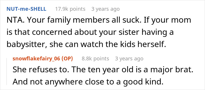 Comments discussing a paralyzed woman refusing to babysit, with family tensions and a difficult child mentioned.