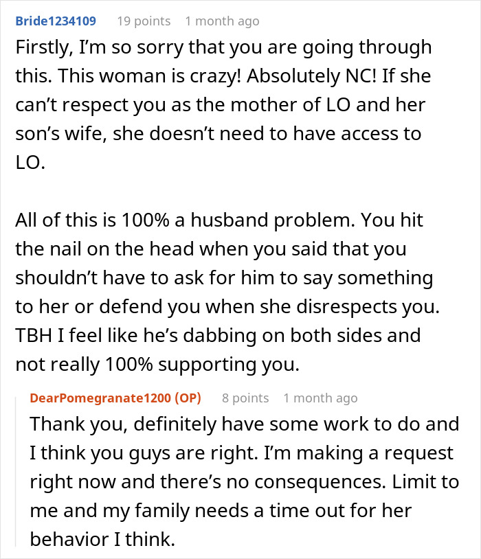 Screenshot of an online forum discussion where a new mom confronts her mother-in-law over unhinged behavior.