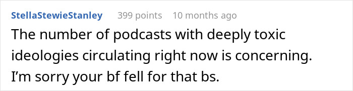 Comment stating concern about toxic ideologies and sympathy for boyfriend, related to woman called a gold digger and chores debate.