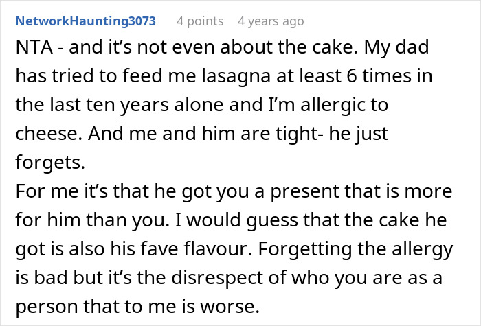 Comment discussing teen telling dad would&rsquo;ve remembered if cared after cake fail and the significance of forgetting allergies.