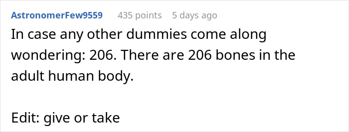 Screenshot of a Reddit comment explaining there are 206 bones in the adult human body, shared in a discussion about medical knowledge.