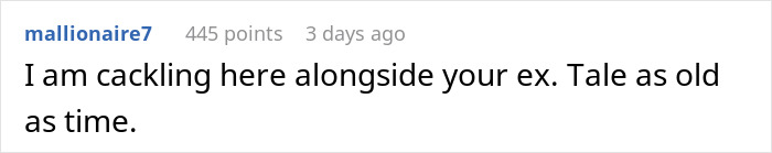 Comment on Reddit post about a man leaving his wife for a younger woman and facing the brutal truth of his choice.