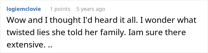 Screenshot of a comment discussing twisted lies in a story about a cheater trying to trap her ex with a baby lie.