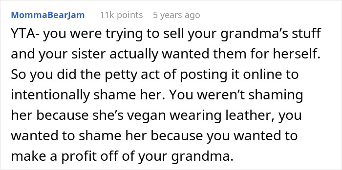 Comment discussing woman planning to sell grandma&rsquo;s leather shoes and vegan sister wearing them.