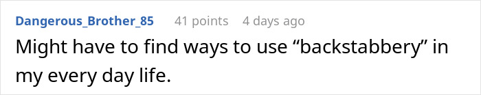 Text post on a forum about using the word backstabbbery in everyday life, highlighting woman revenge bakery manager.