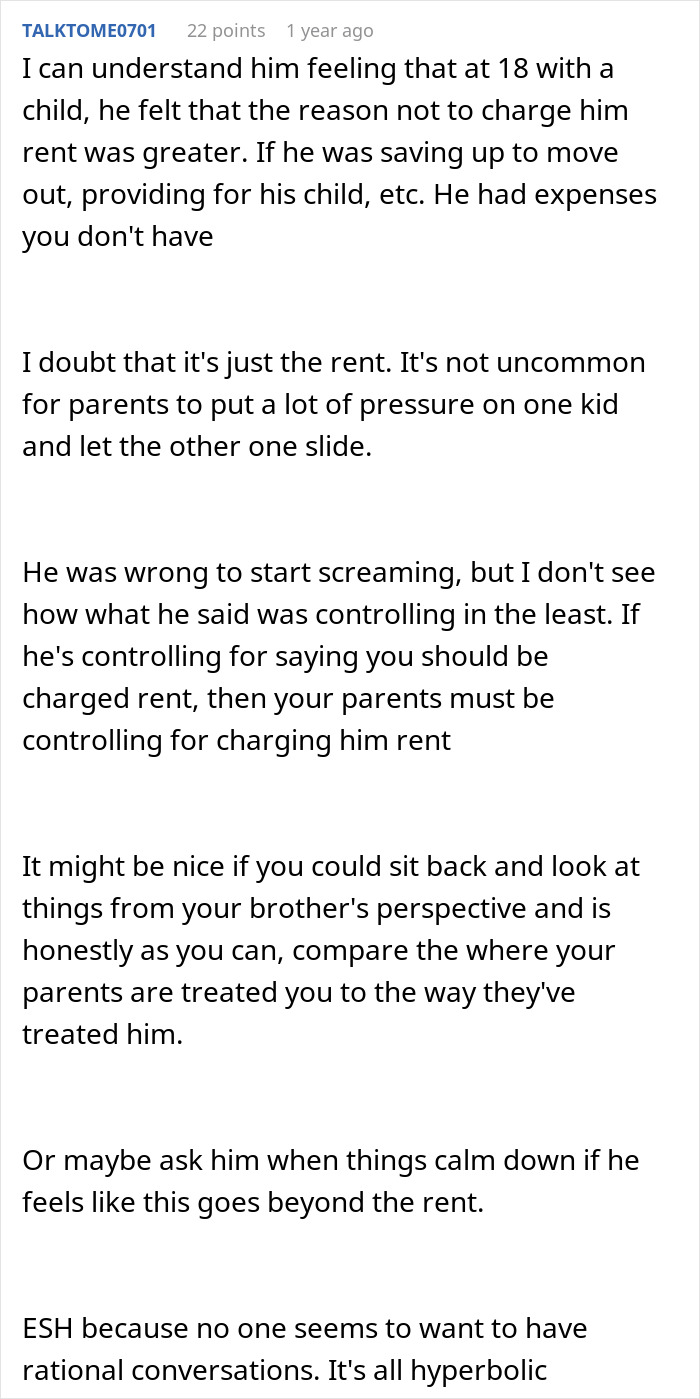 Text comment discussing a woman calling out her controlling brother over being labeled the golden child.