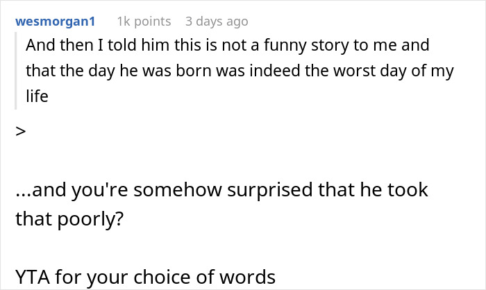 Reddit comment discussing a woman making her brother feel hated after he thanks her for delivering him.