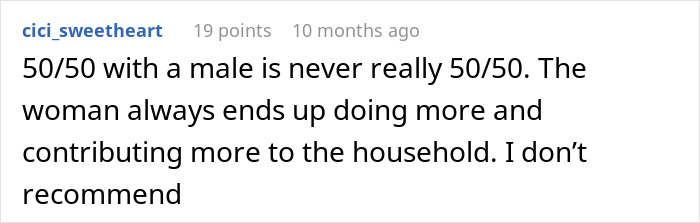 Screenshot of an online comment discussing fair chores and household contribution in relationships, related to gold digger debate.