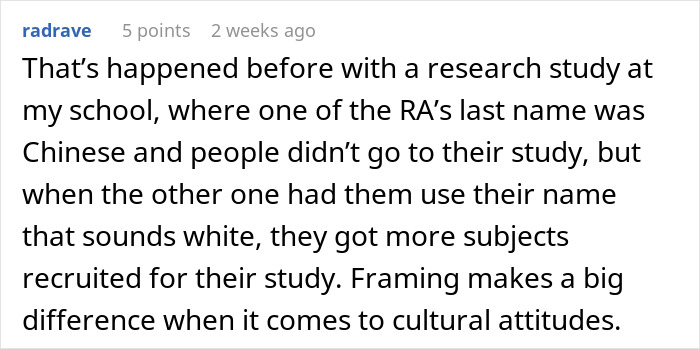 Comment about a study showing people with white-sounding names receive more job offers and subjects recruited more easily.