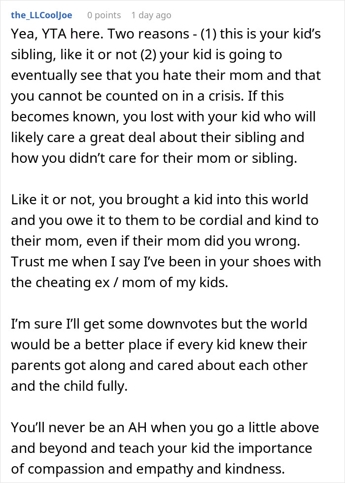 Text conversation discussing family dynamics and expectations involving a woman, ex-husband, and sibling relationships after separation.