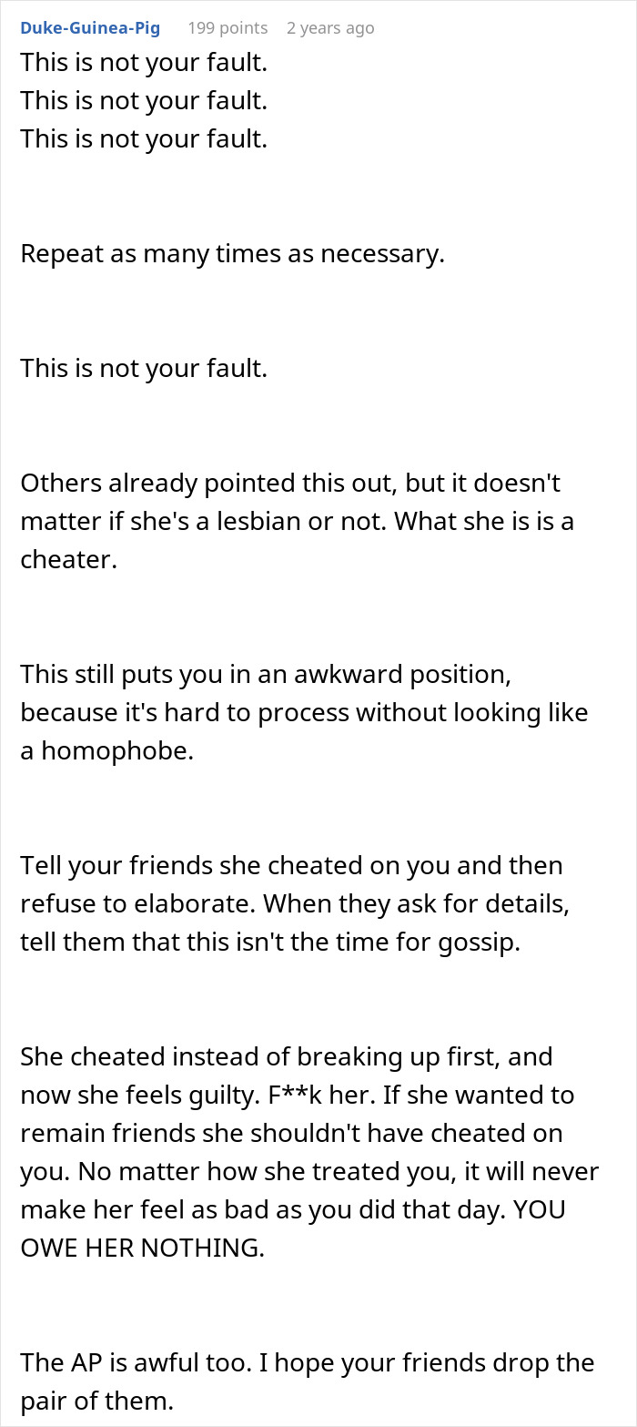 Text advice on coping after man learns fianc&eacute;e is in love with her friend, addressing feelings of betrayal and cheating.