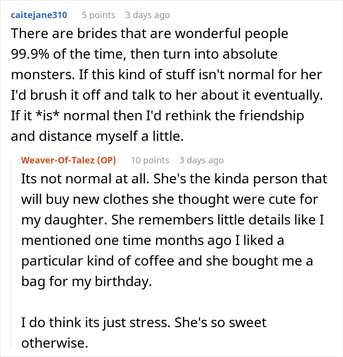 Reddit comments discussing a bridesmaid doing her nails before a wedding and the bride flipping out over it.