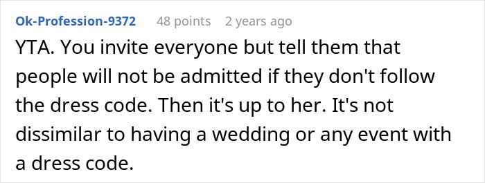 Comment discussing exclusion of a friend from a ball due to dress code and maintaining the event's aesthetic standards.