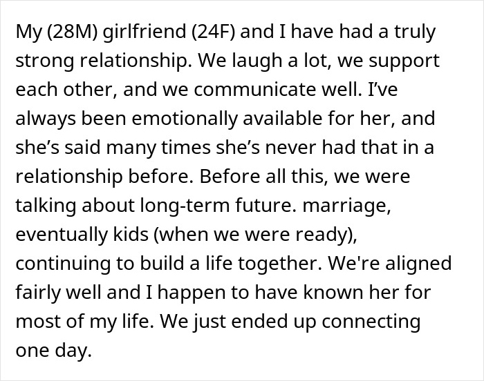 Text from a man describing his strong relationship with his girlfriend before saving her niblings from foster care alters their future plans.