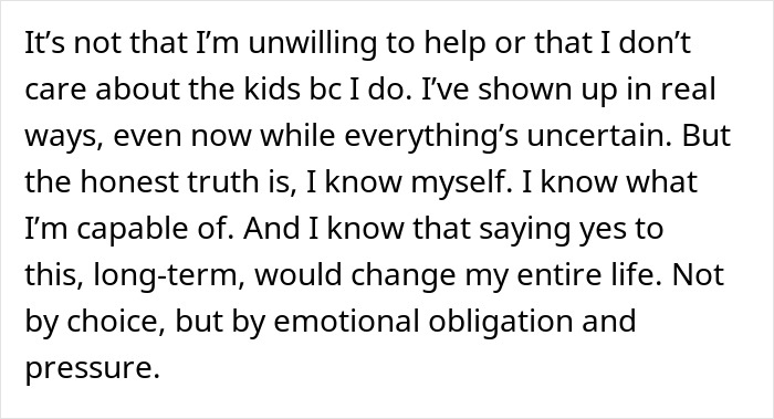 Text excerpt about emotional obligation and pressure from a woman saving niblings from foster care, affecting her relationship.