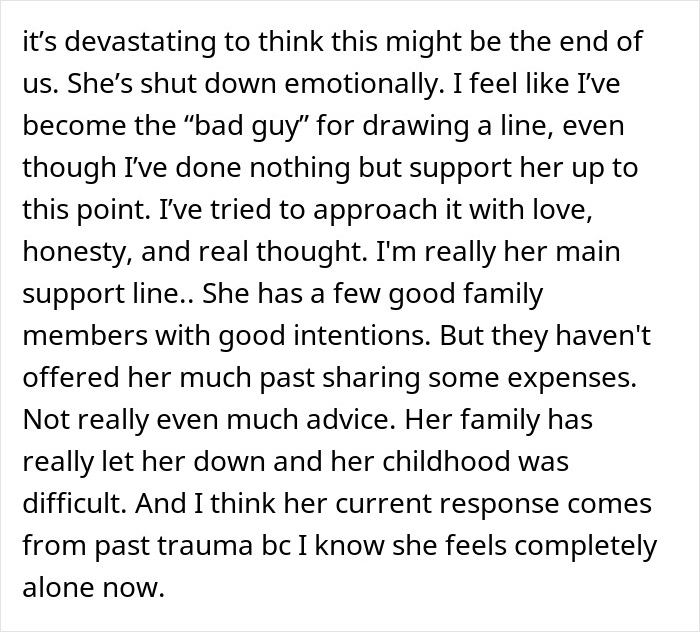 Alt text: Emotional message about family trauma and support as woman saves niblings from foster care, partner reconsiders their future.