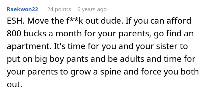Comment advising sibling to stop paying rent after discovering sister lives rent free, highlighting family financial conflict.