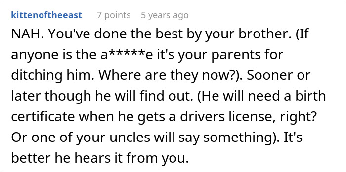 Comment discussing whether to tell son the harsh truth about his real parents and the importance of revealing the secret early.