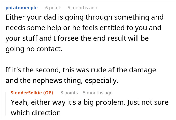 Screenshot of a text conversation discussing a dad upset about his daughter&rsquo;s home causing worry due to something weird said.