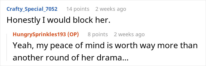 Screenshot of a comment thread where users discuss blocking a bestie after rejection and drama involving new dating news.