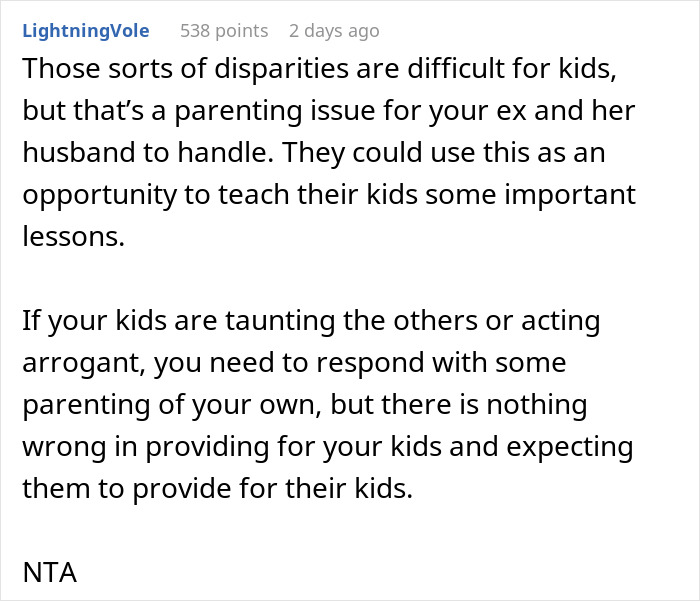 Reddit comment discussing parenting challenges and expectations about providing for kids amid family disputes and disparities.
