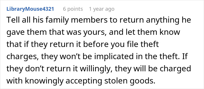 Comment recommending family members return stolen tea set before filing theft charges, discussing legal implications.