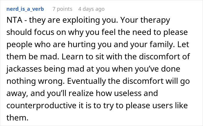 Comment discussing how parents exploit their daughter-in-law by guilt-tripping her about babysitting and setting boundaries.