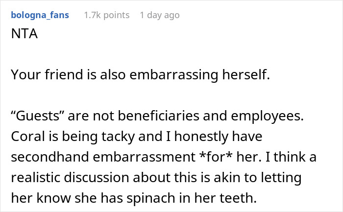 Text from a social media comment discussing a bride who thinks she can throw an elaborate wedding without spending money.