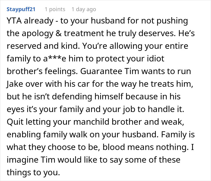 Screenshot of a Reddit comment discussing a man mocking brother-in-law and wedding uninvitation conflict.