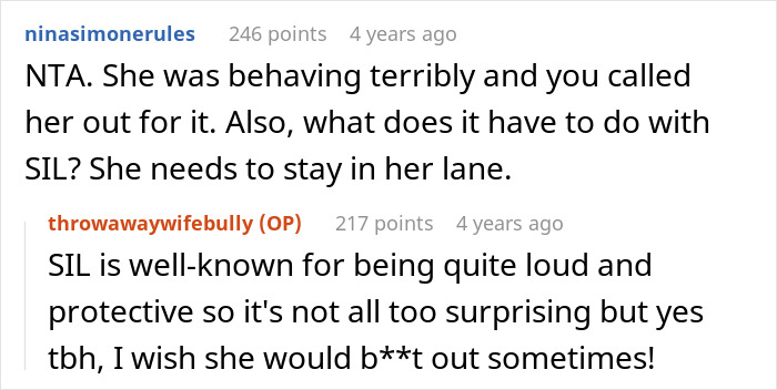 Screenshot of an online forum discussion about a husband calling his wife a bully and the impact of bullies on her life.