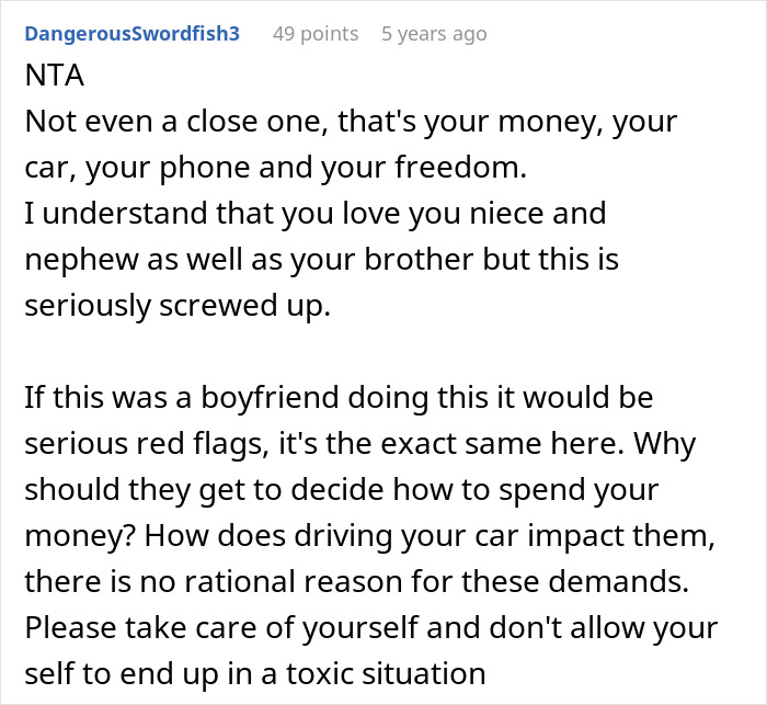 Comment discussing woman telling brother to go to hell over live-in nanny job with unreasonable demands.