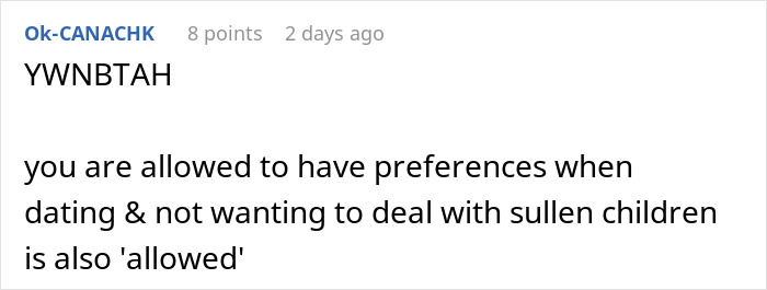 Comment discussing preferences in dating men with kids and coping with challenges related to children in relationships.
