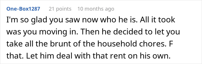 Screenshot of an online comment about a woman called a gold digger for wanting fair chores while her boyfriend begs for rent money.