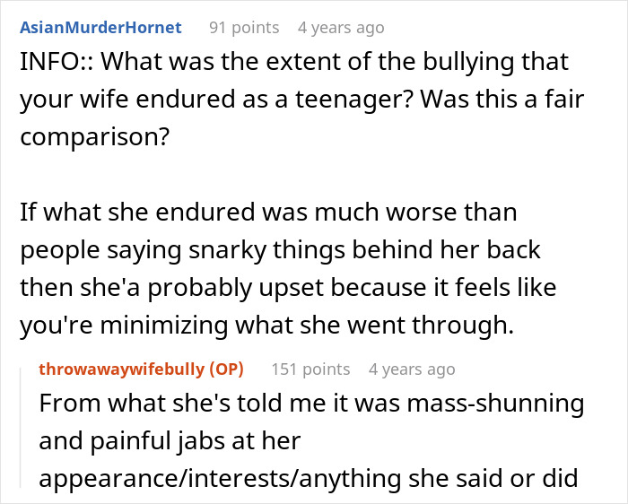 Screenshot of a Reddit discussion about a husband calling his wife a bully triggering memories of past bullying and pain.