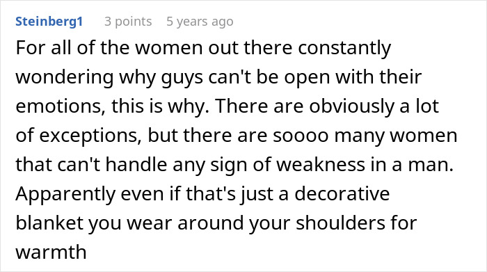 Comment discussing how guys buying shawls face judgment from girlfriends linking shawls to being gay.