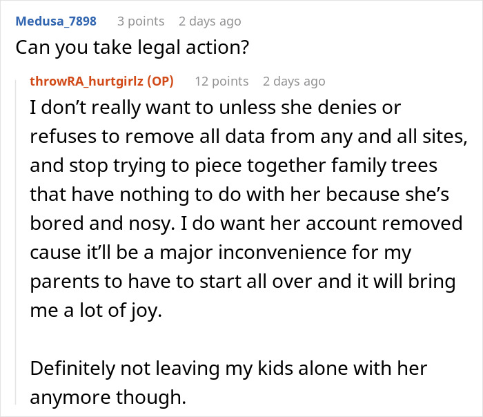 Reddit conversation about a nosy mother causing issues with ancestry tests and family tree privacy concerns. Reddit conversation about a nosy mother causing issues with ancestry tests and family tree privacy concerns.