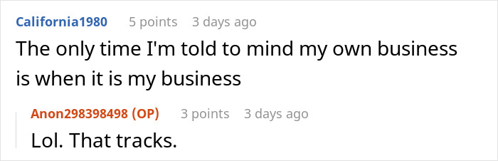 Screenshot of an online discussion where a user comments on minding their own business in a neighborhood dispute about pet rules.