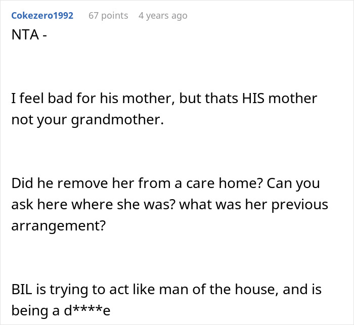 Comment discussing BIL trying to dump grandma on wife&rsquo;s siblings and refusal to take care of her being selfish.
