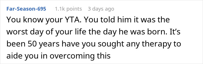 Screenshot of a Reddit comment discussing a woman making her brother feel hated after he thanked her for delivering him.