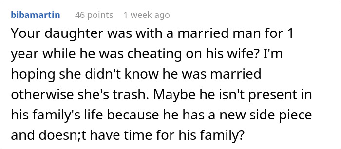 Comment discussing a mistress turned wife complaining about absentee husband wanting a third child, with mom concerned.