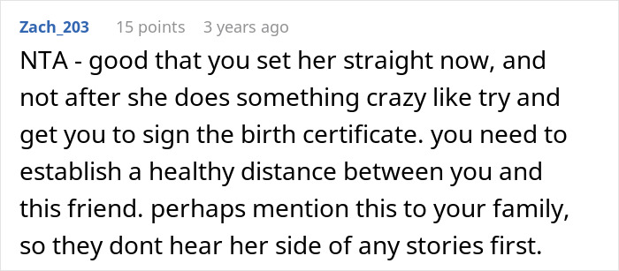 Screenshot of an online comment discussing establishing boundaries after a woman keeps ex&rsquo;s baby, trusting a male best friend.
