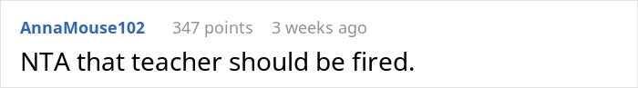 Comment from user AnnaMouse102 stating the teacher should be fired after math teacher bans diabetic kid from checking glucose.