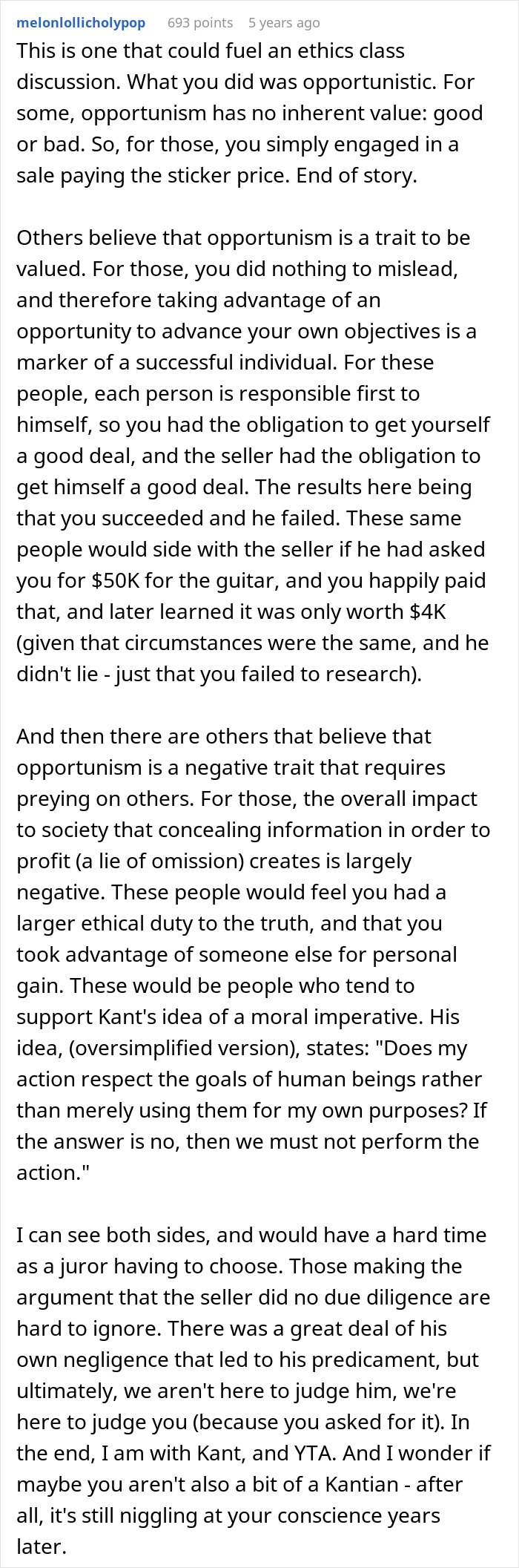 Reddit comment discussing opportunism and ethics in a $50K guitar bought for $4K situation. Reddit comment discussing opportunism and ethics in a $50K guitar bought for $4K situation.